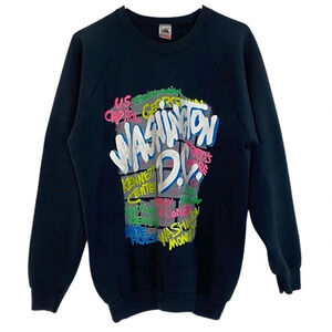 Vintage 80s 90s Sweatshirt Womens XL Graphic Print Pullover Washington DC Black
